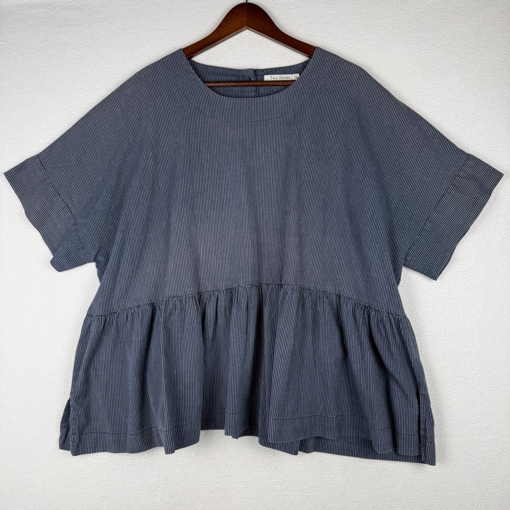 Two Danes Blouse Womens L/XL Blue Striped Cotton Ruffle Hem Peplum Top Tunic